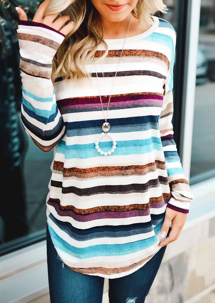 Blouses Colorful Striped O-Neck Long Sleeve Blouse in Multicolor. Size: S,L