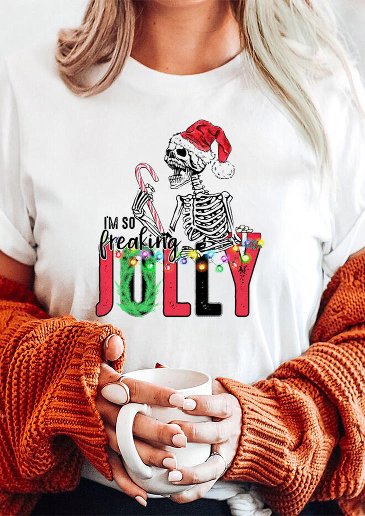 

T-shirts Tees Christmas Hat Jolly Skeleton T-Shirt Tee in White. Size: ,M,L,XL