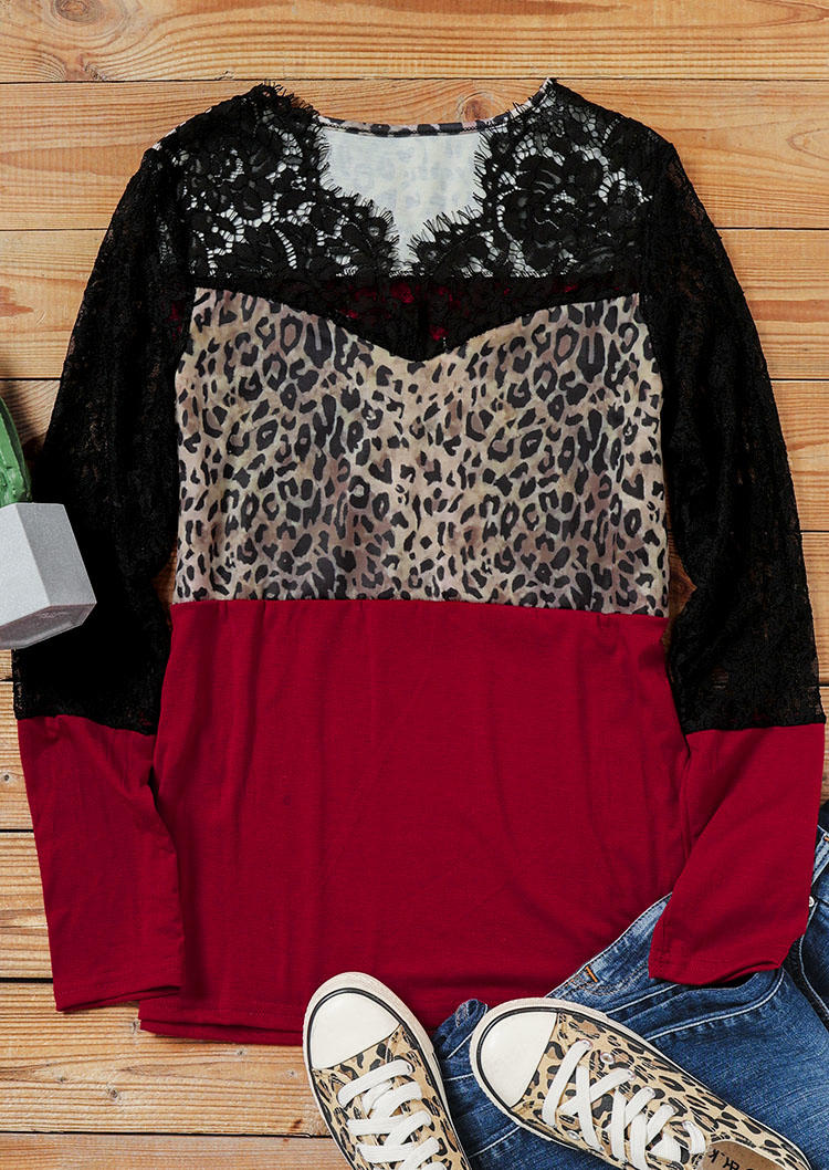 Blouses Lace Leopard Splicing Long Sleeve Blouse in Multicolor. Size: S