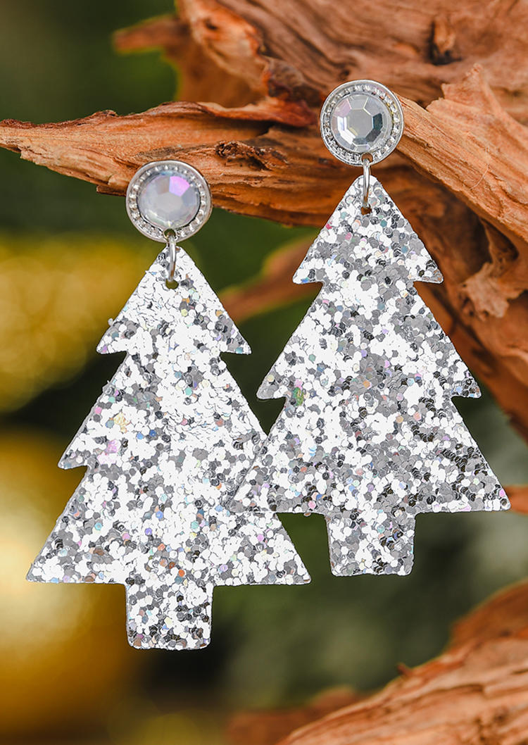 

Earrings Christmas Tree Sequined Rhinestone Earrings in Silver. Size