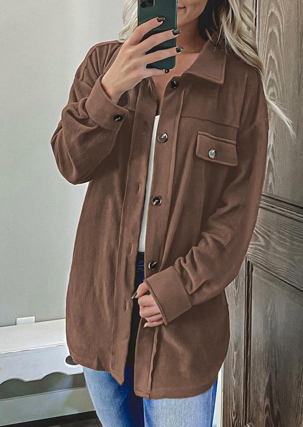 

Coats Decorative Fake Pocket Button Turn-down Collar Coat in Brown. Size: ,M,L,XL