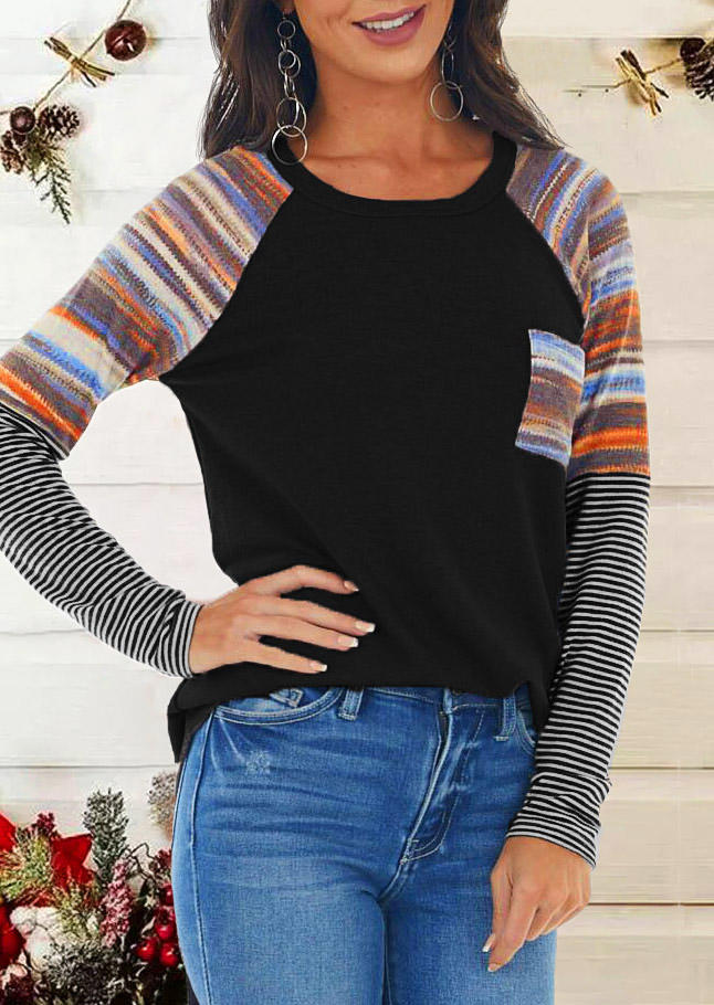 

Blouses Striped Splicing Pocket Long Sleeve Blouse in Black. Size