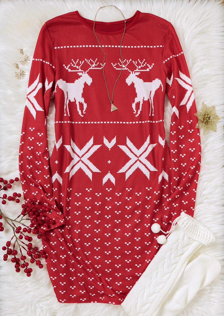 Christmas Reindeer Long Sleeve Mini Dress - Red