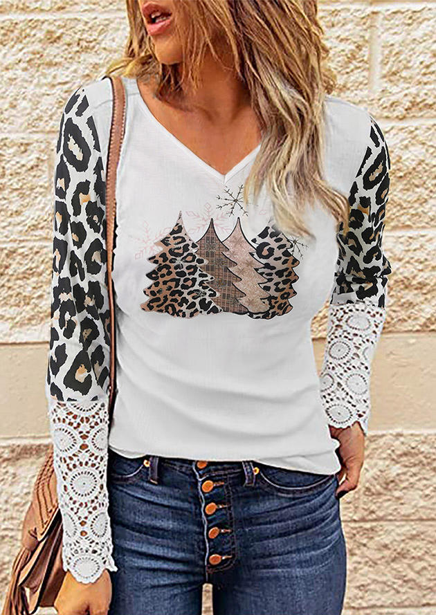 Blouses Lace Splicing Leopard Tree Blouse in White. Size: M
