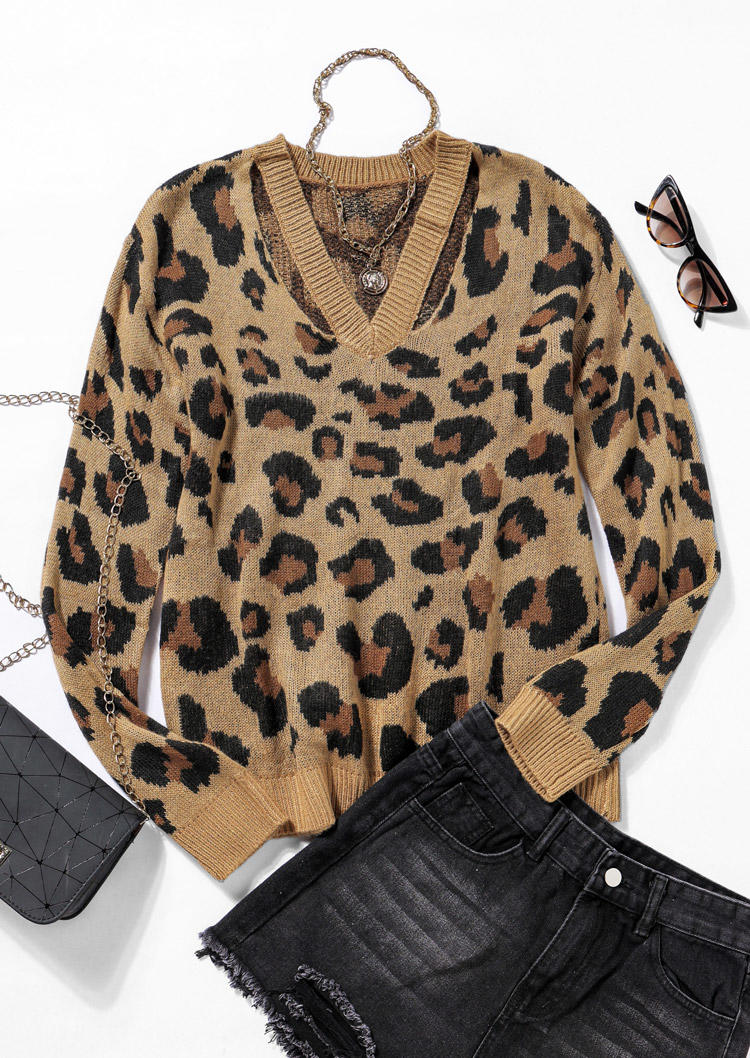 

Sweaters Hollow Out Leopard V-Neck Sweater in Leopard. Size