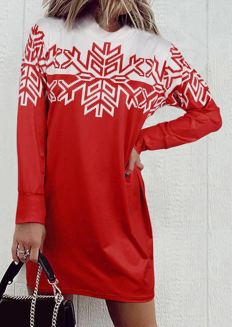 Snowflake Long Sleeve Mini Dress - Red