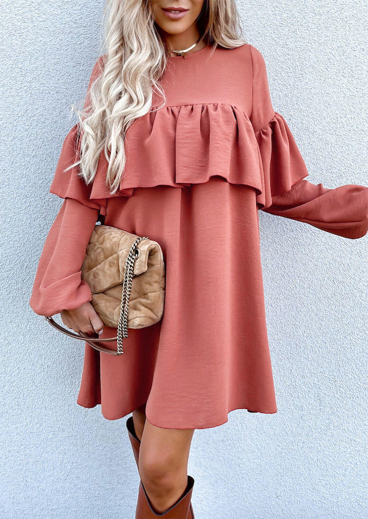 

Mini Dresses Ruffled Long Sleeve Mini Dress in Cameo Brown. Size: ,M,L