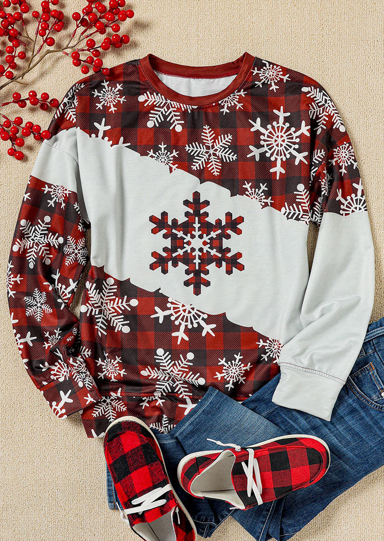 

Sweatshirts Snowflake Plaid Long Sleeve Sweatshirt in Multicolor. Size