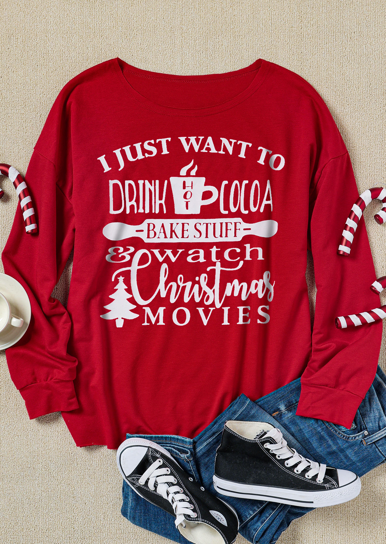Sweatshirts I Just Want to Drink Hot Cocoa Watch Christmas Movies Sweatshirt in Red. Size: S,M,L