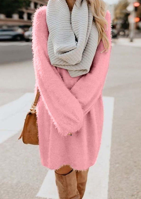 

Mini Dresses Fuzzy Long Sleeve O-Neck Mini Dress in Pink. Size