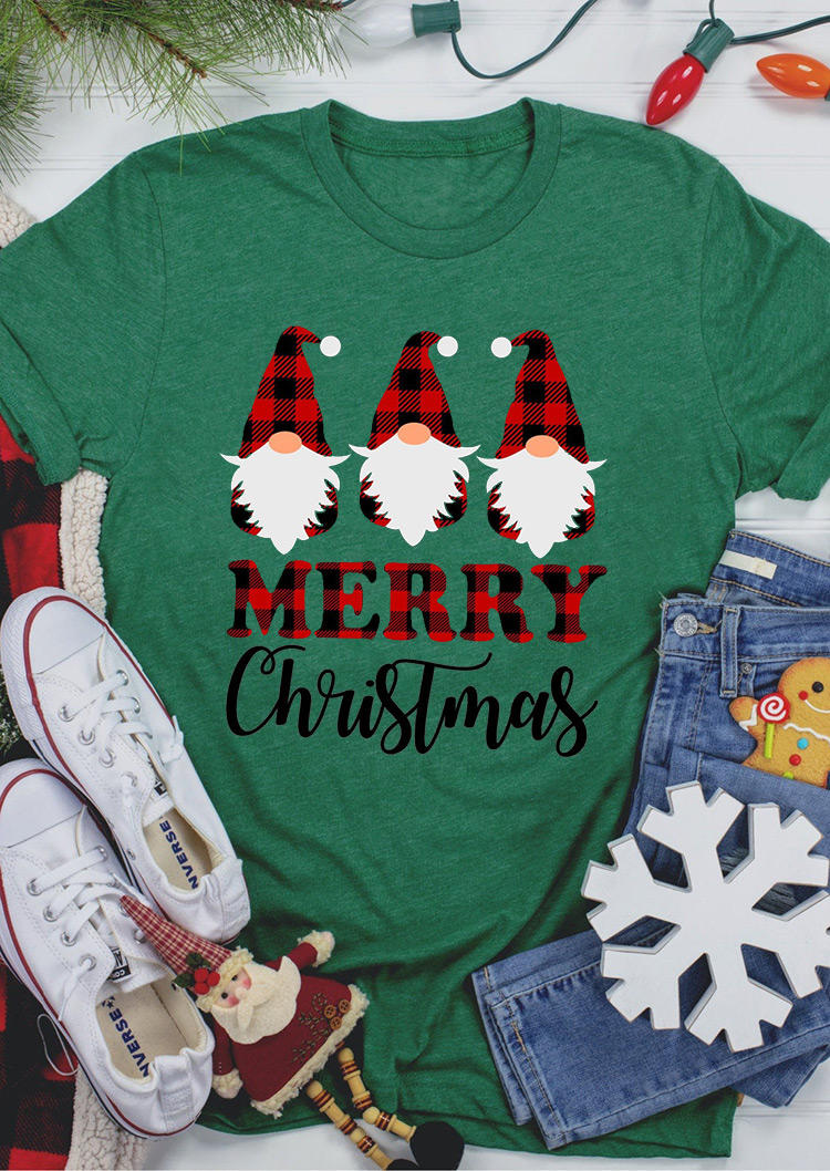 T-shirts Tees Merry Christmas Plaid Gnomies T-Shirt Tee in Green. Size: L,S