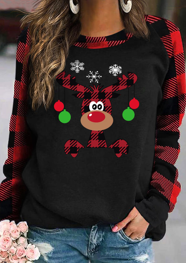 Christmas Reindeer Plaid Snowflake Sweatshirt - Black