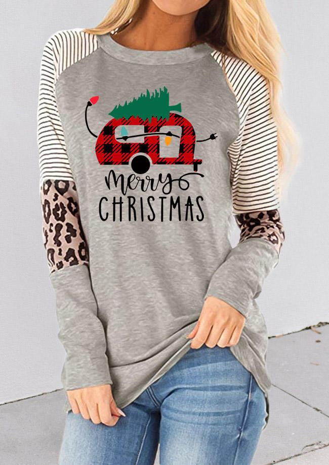 T-shirts Tees Merry Christmas Buffalo Plaid Striped Leopard T-Shirt Tee in Gray. Size: L,M,S,XL