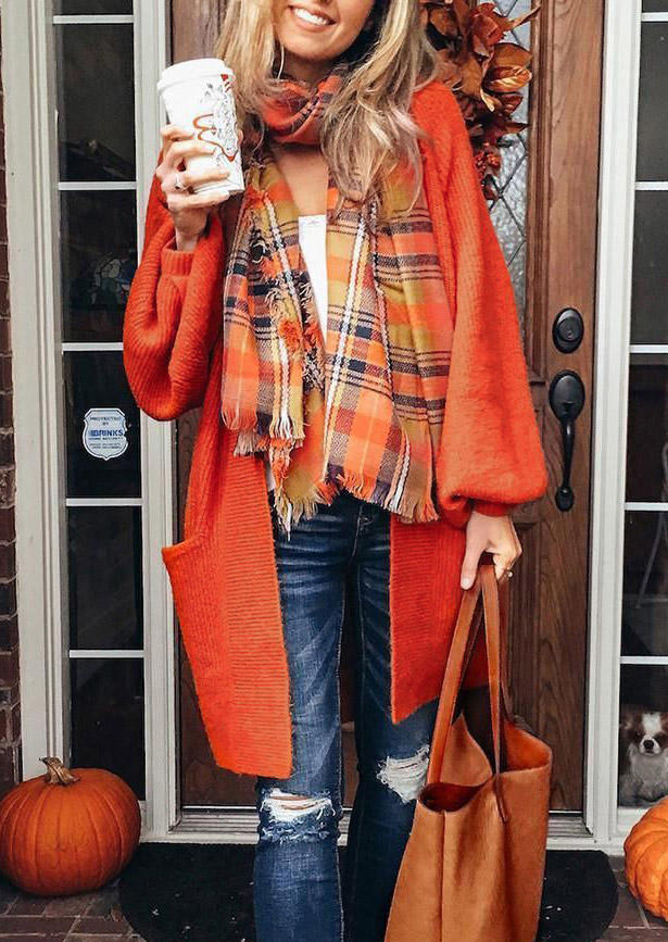 

Cardigans Pocket Knitted Lantern Sleeve Cardigan in Orange. Size