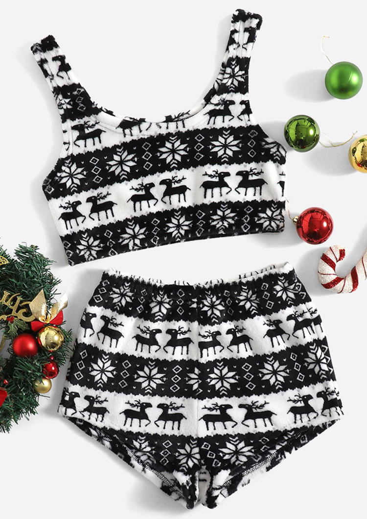 

Sleepwear Christmas Reindeer Snowflake Crop Top And Shorts Pajamas Set in Black. Size: ,M,L,XL