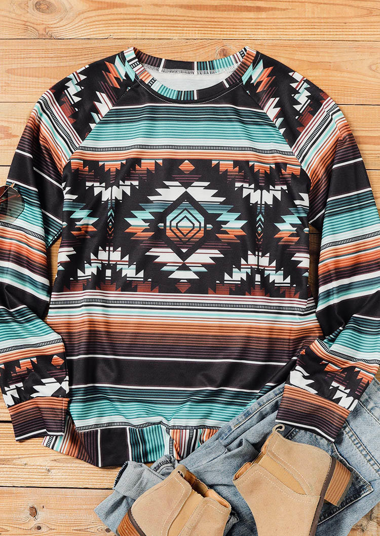 

Blouses Aztec Geometric Striped Long Sleeve Blouse in Multicolor. Size