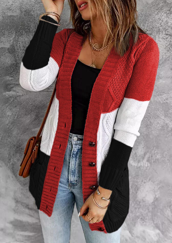 Cardigans Color Block Pocket Button Sweater Cardigan in Multicolor. Size: XL