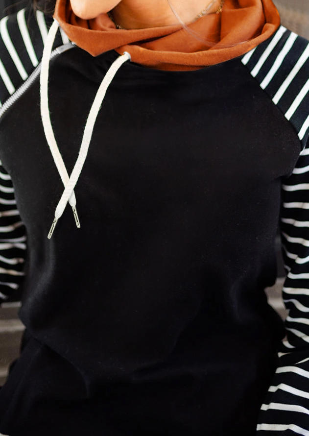 Hoodies Striped Zipper Long Sleeve Hoodie in Black. Size: L,M,S