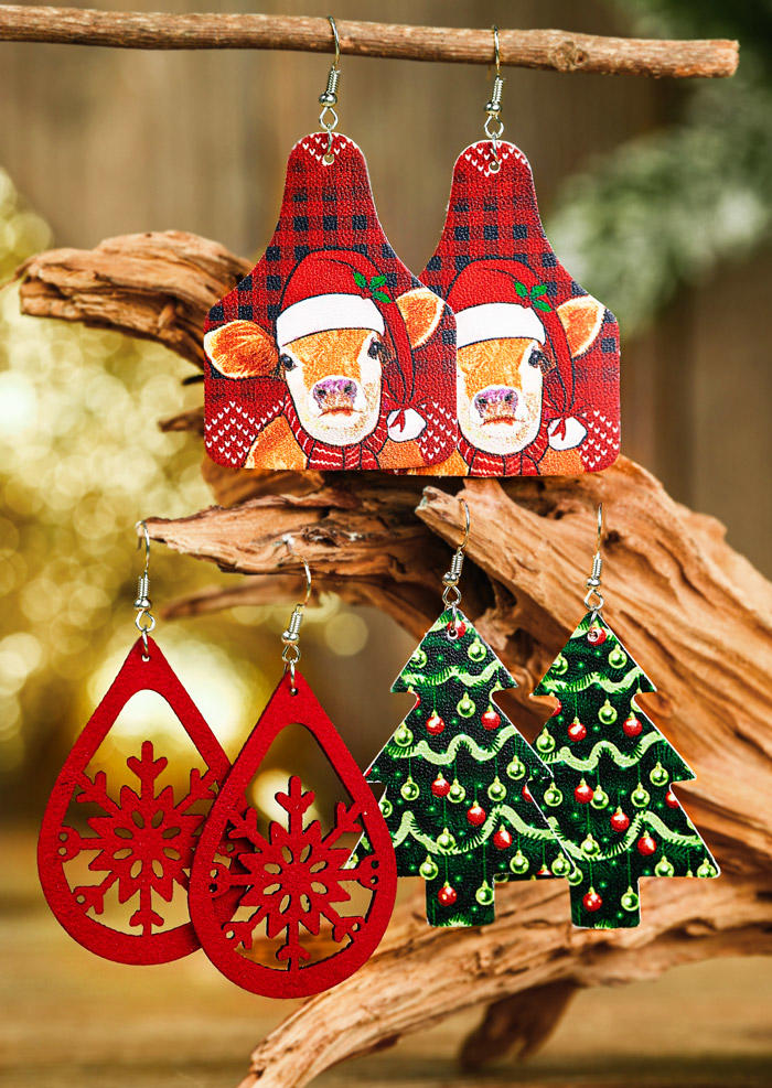 

Earrings 3Pairs Christmas Tree Snowflake Santa Claus Cactus Plaid Leopard Earrings in Pattern1. Size
