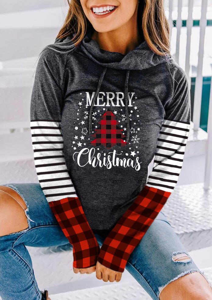 Sweatshirts Merry Christmas Tree Plaid Striped Sweatshirt in Gray. Size: L,M,XL