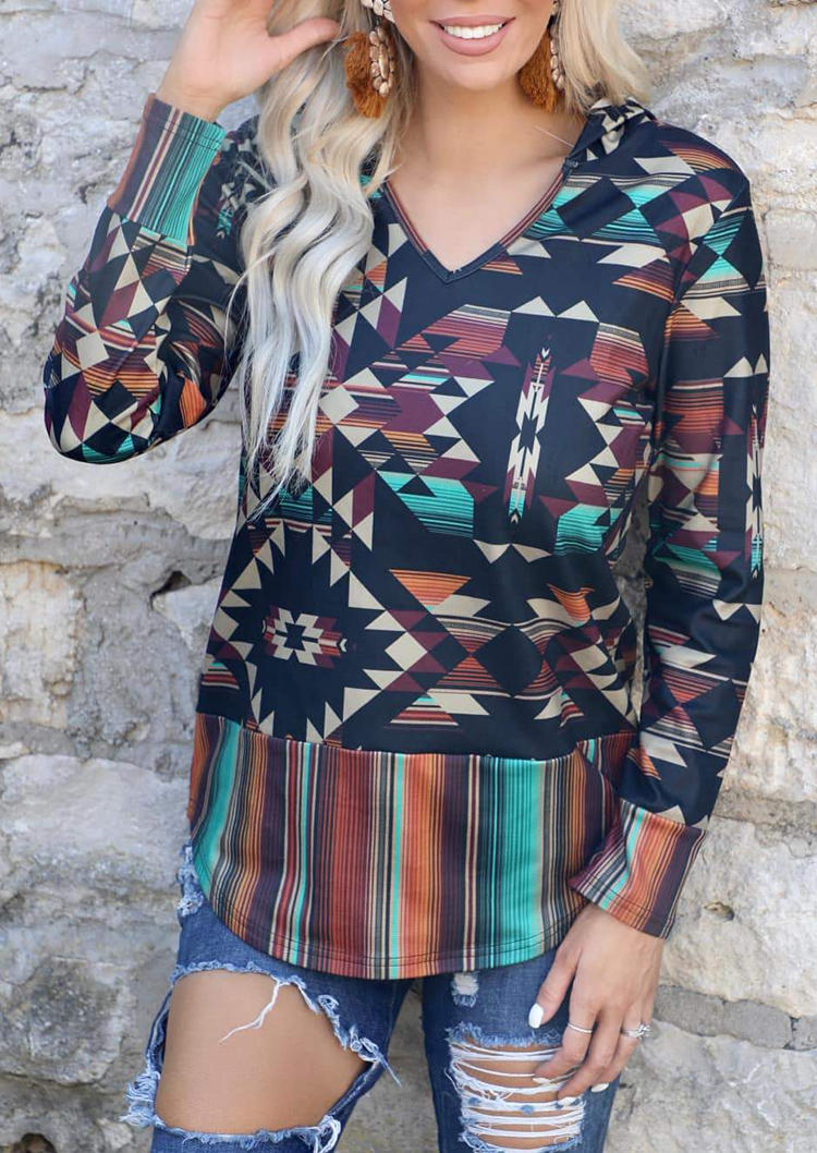 Blouses Aztec Geometric Striped V-Neck Hooded Blouse in Multicolor. Size: L,M,S,XL