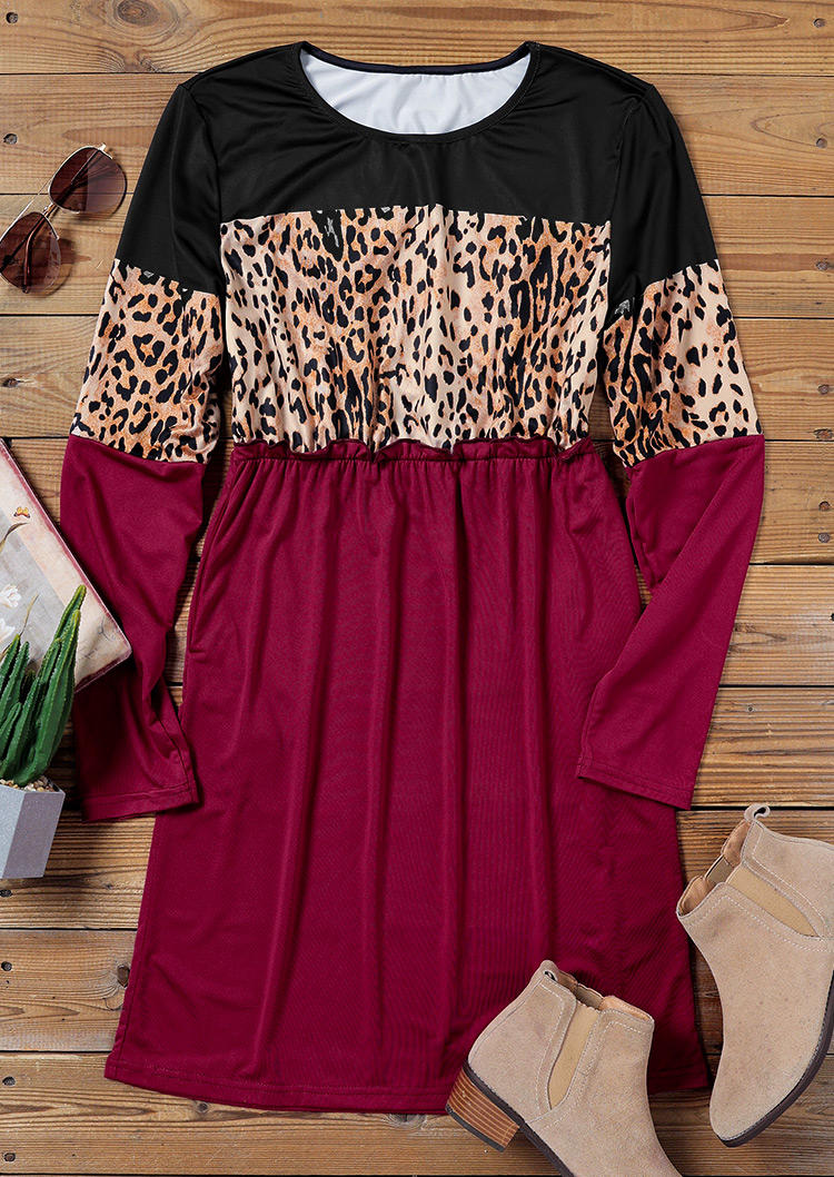 Mini Dresses Leopard Ruffled Pocket Long Sleeve Mini Dress in Multicolor. Size: S,M,L