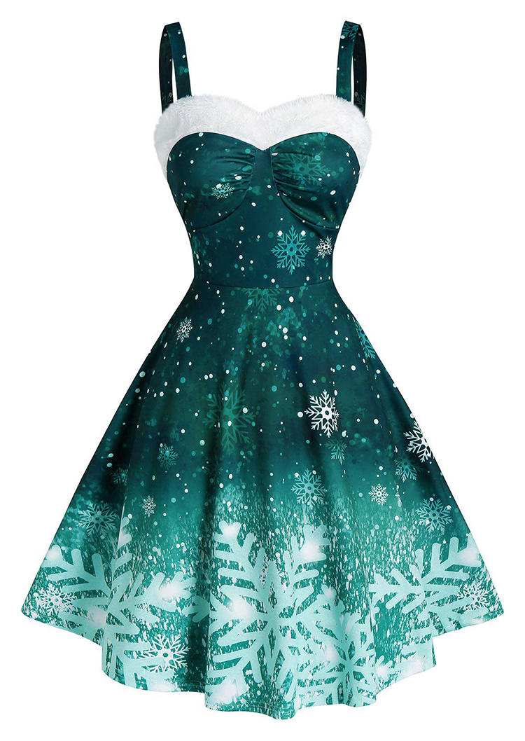 Christmas Snowflake Spaghetti Strap Mini Dress - Green