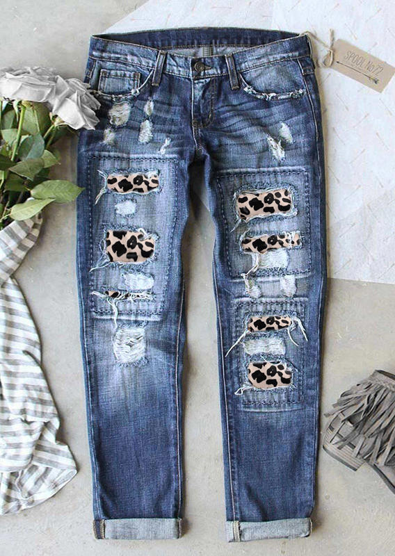 

Pants Leopard Ripped Hole Patch Distressed Denim Jeans in Blue. Size