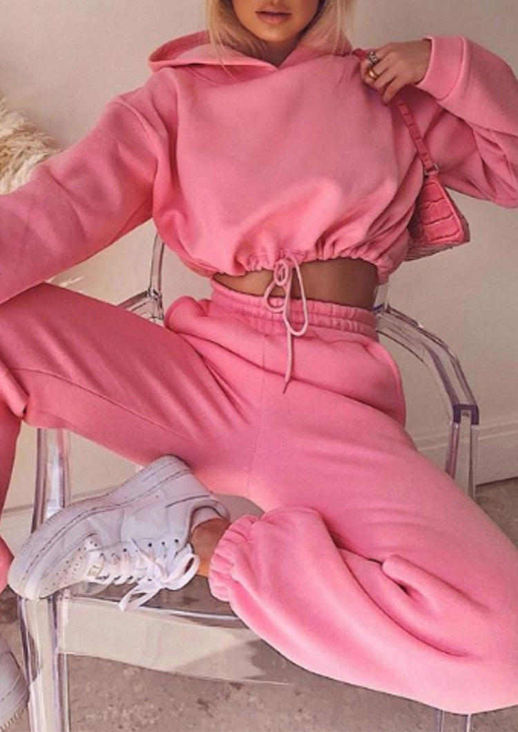 

Two-Piece Sets Drawstring Crop Hoodie And Elastic Waist Sweatpants Two-Piece Set in Pink. Size