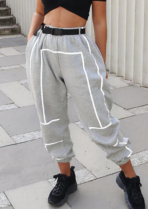 

Pants Reflective Strip Elastic Waist Sweatpants With Belt in Gray. Size