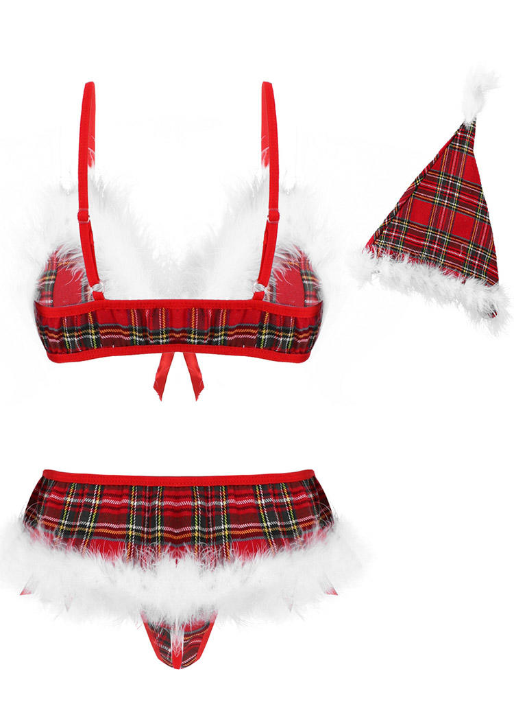 

Lingerie 3Pcs Christmas Hat Bowknot Plush Plaid Lingerie Set in Red. Size