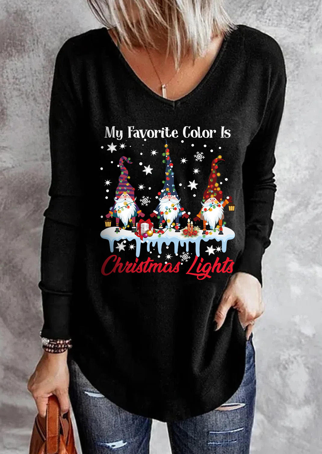 T-shirts Tees My Favorite Color Is Christmas Lights Gnomies T-Shirt Tee in Black. Size: L,M,S
