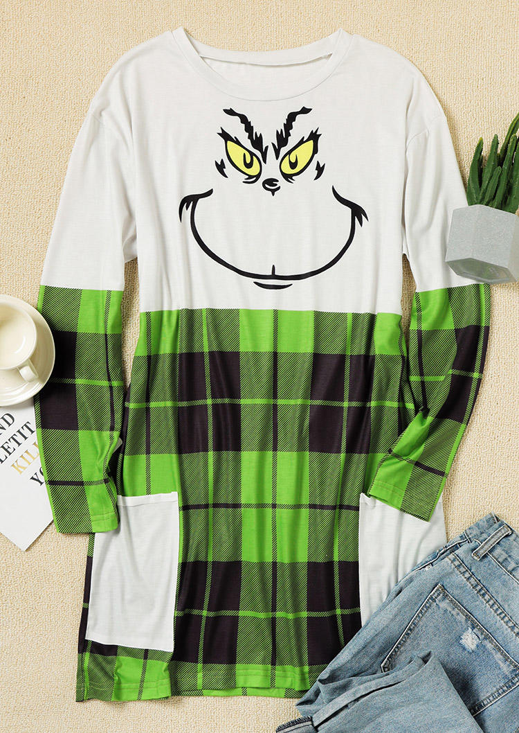 

Mini Dresses Plaid Cartoon Pocket Long Sleeve Mini Dress in Green. Size: 2XL,3XL,L,M,,XL