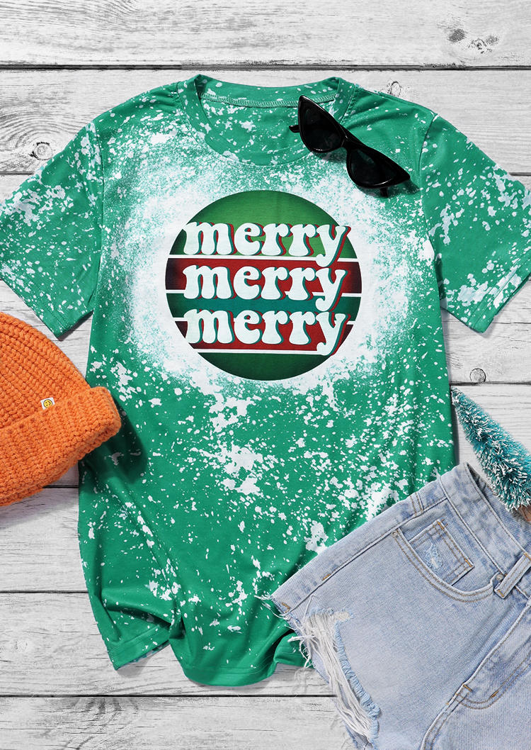 Merry Bleached O-Neck T-Shirt Tee - Green