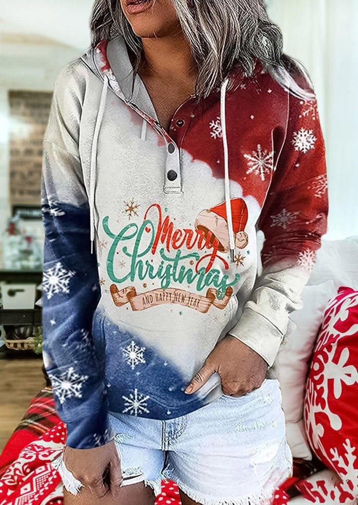 Sweatshirts Merry Christmas Snowflake Button Drawstring Hoodie in Multicolor. Size: L,M,S,XL
