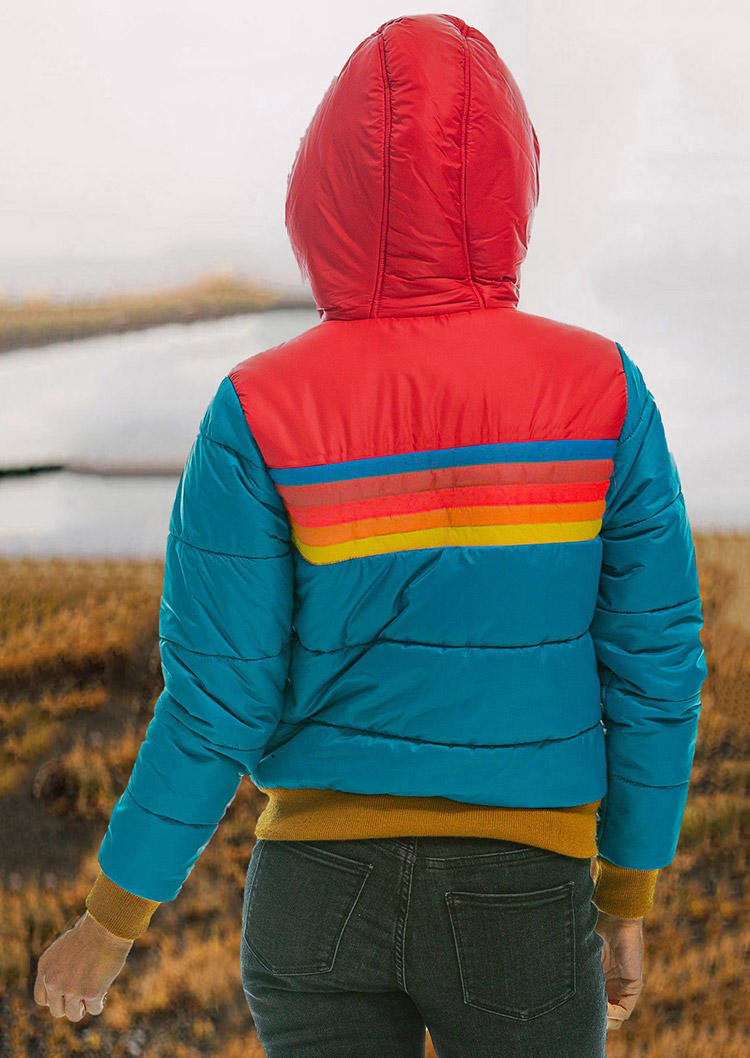 

Coats Color Block Rainbow Zipper Pocket Parka Coat in Blue. Size