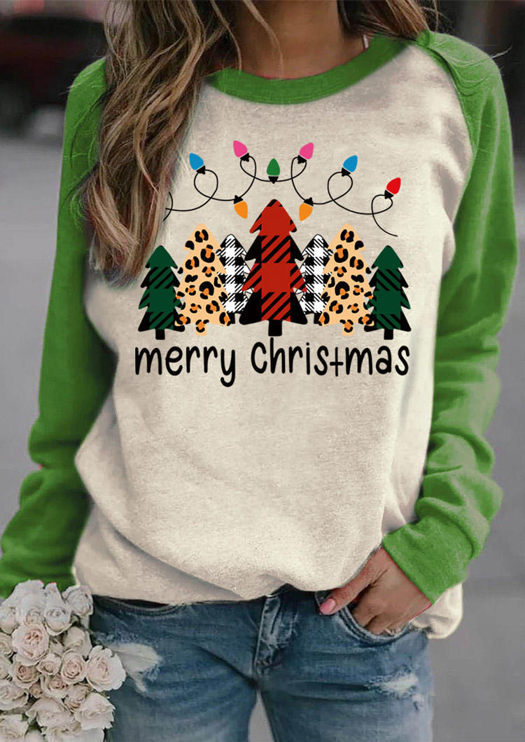 Sweatshirts Merry Christmas Plaid Leopard Tree Sweatshirt in Multicolor. Size: L,M,S,XL