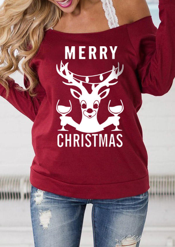 Sweatshirts Merry Christmas Reindeer Long Sleeve Sweatshirt - Burgundy in Red. Size: L,M,XL