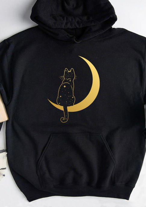 

Hoodies Moon Cat Long Sleeve Hoodie in Black. Size: ,M,L,XL