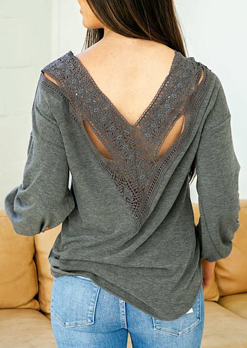 

Blouses Lace Splicing Long Sleeve Blouse in Gray. Size: ,M,L,XL