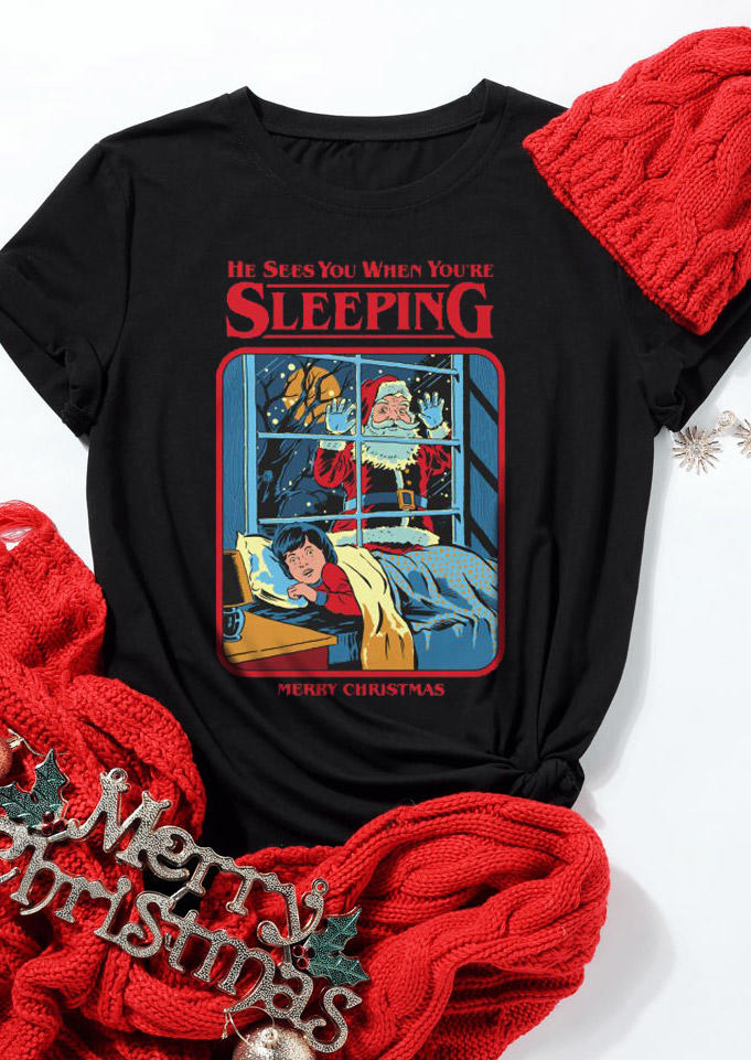 

T-shirts Tees Christmas Santa Claus He Sees You When You're Sleeping T-Shirt Tee in Black. Size