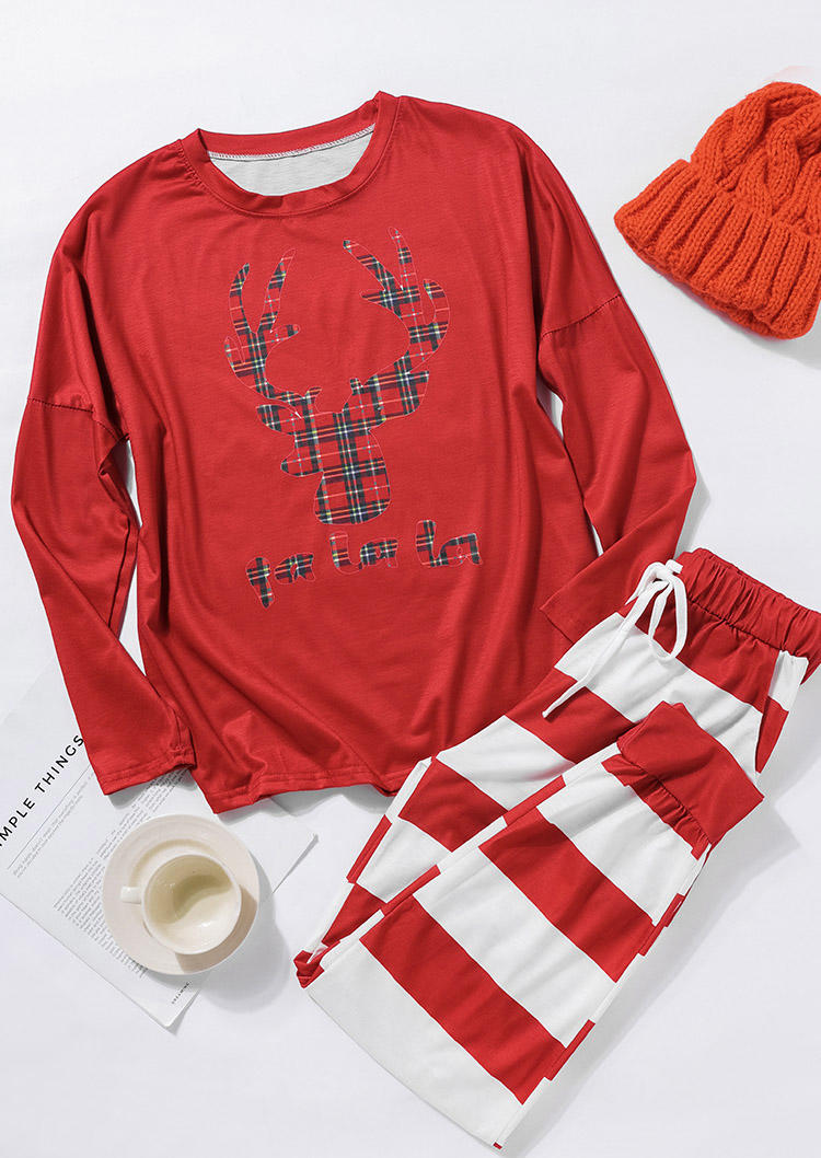 

Sleepwear Plaid Reindeer Blouse And Striped Pants Pajamas Set in Red. Size: ,M,L,XL
