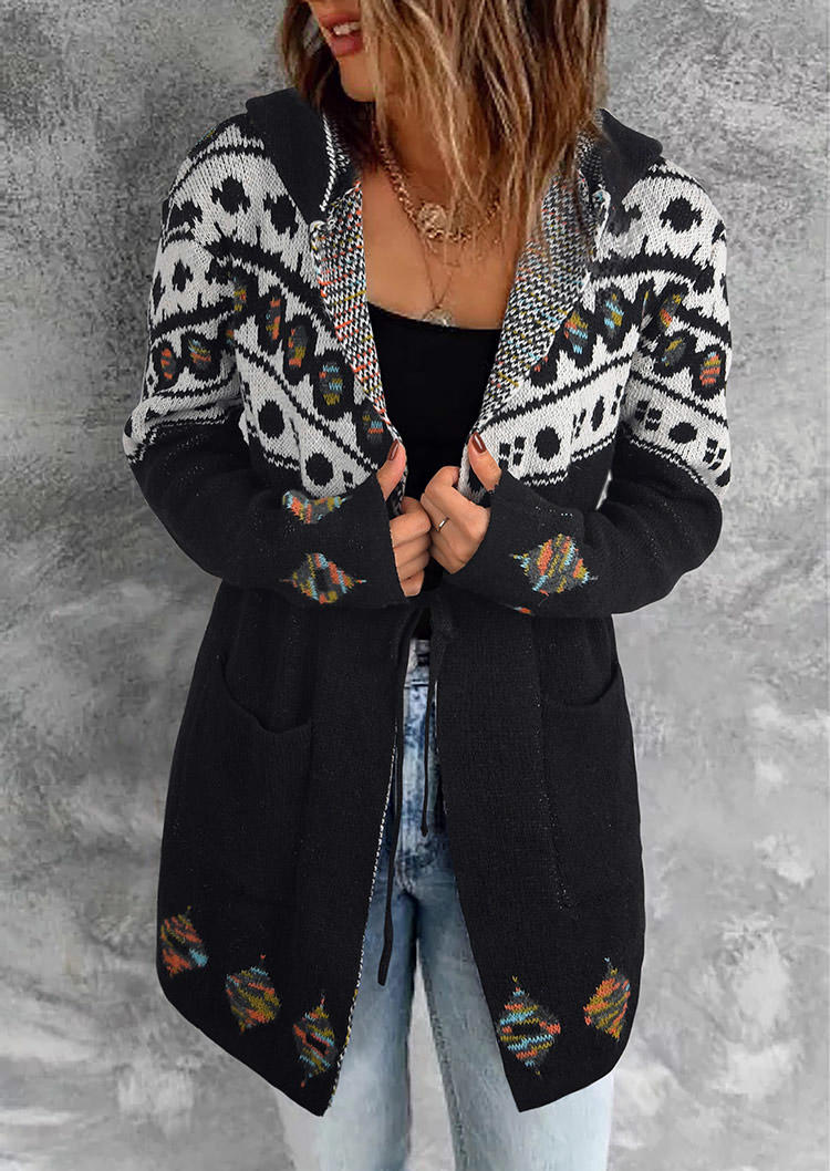 

Cardigans Aztec Geometric Tie Pocket Hooded Cardigan in Black. Size: ,M,L