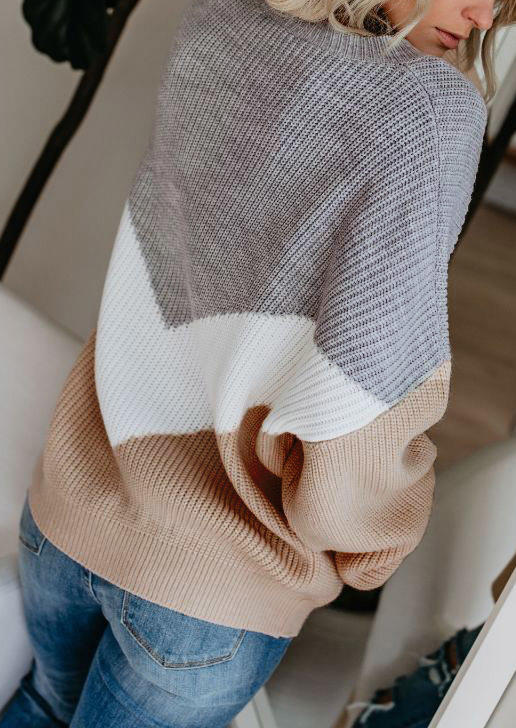 Color Block Long Sleeve Pullover Sweater - Gray