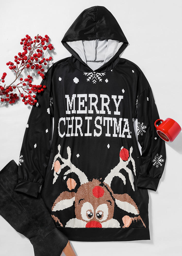 

Mini Dresses Merry Christmas Reindeer Hooded Mini Dress in Black. Size: ,L,XL