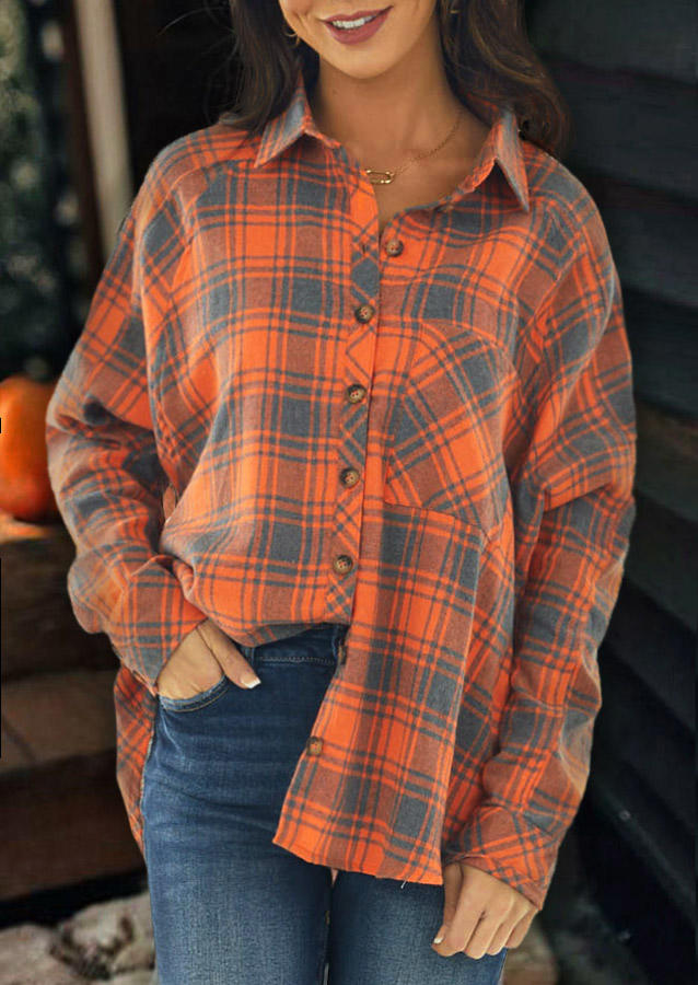 Shirts Plaid Pocket Button Long Sleeve Shirt in Orange. Size: XL