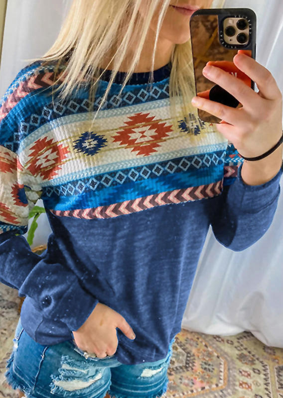 

Blouses Aztec Geometric Splicing Long Sleeve Blouse in Blue. Size