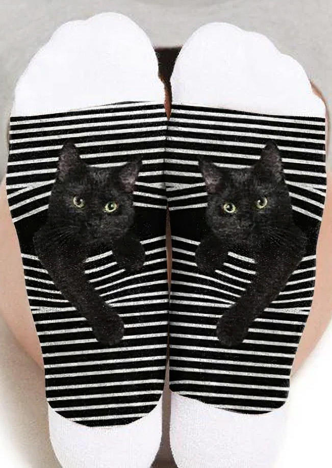 Striped Cat Casual Crew Socks - White