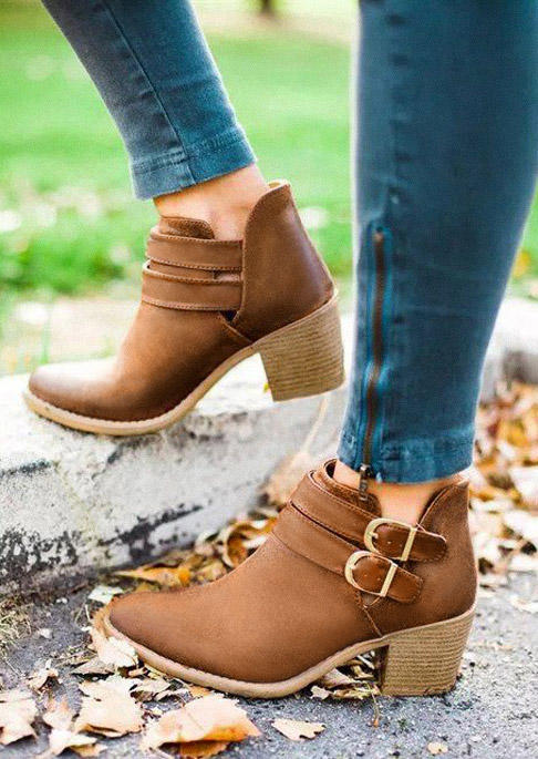 Boots Round Toe Belt Buckle Heeled Ankle Boots in Coffee. Size: 38