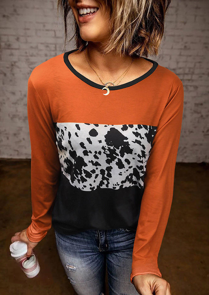 

Blouses Cow Color Block O-Neck Casual Blouse in Multicolor. Size
